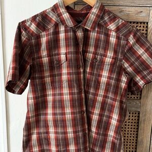 Prana Red and Brown Plaid Casual Shirt